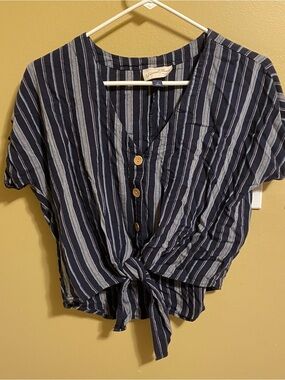 Blue and gray striped short sleeve button up with tie detail